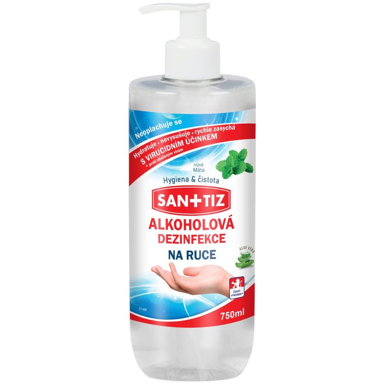 Alkoholová dezinfekce na ruce Sanitiz 750ml - parfém máta / obsahuje Aloe Vera