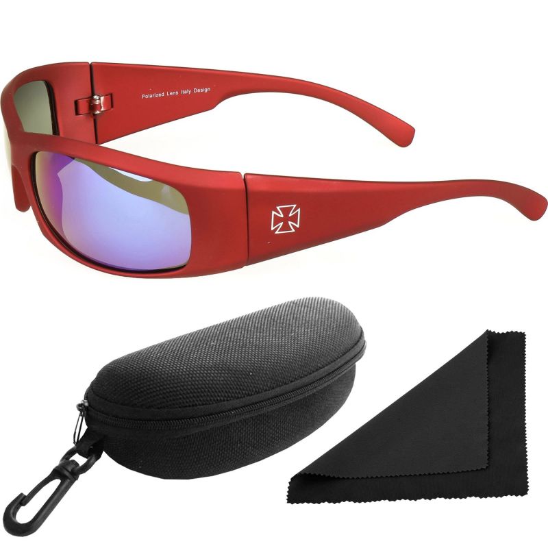 Brýle sluneční Polarized 77 - obroučky červené / skla modrá zrcadlová / polarizační skla / pouzdro a utěrka