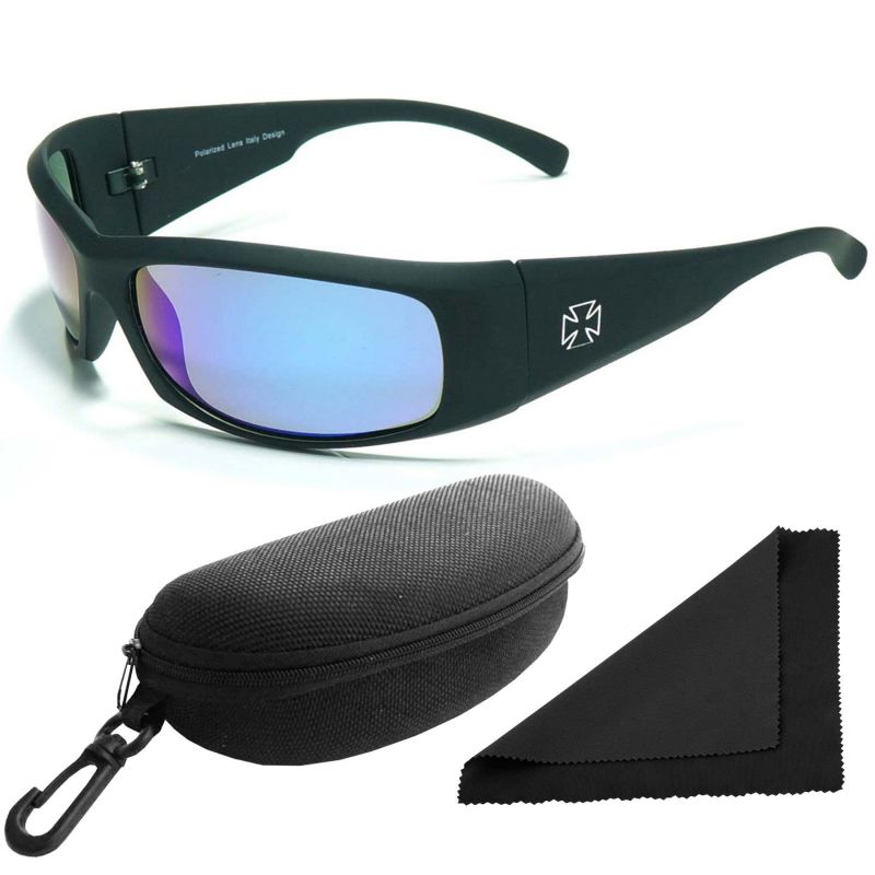 Brýle sluneční Polarized 77 - obroučky černé / skla modrá zrcadlová / polarizační skla / pouzdro a utěrka