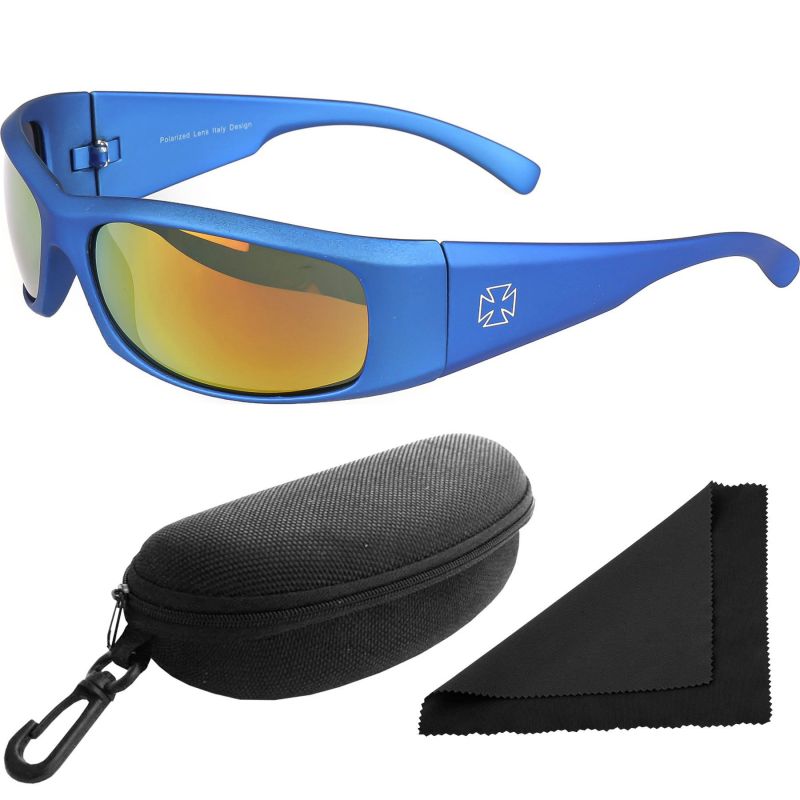 Brýle sluneční Polarized 77 - obroučky modré / skla červeno-zlatá zrcadlová / polarizační skla / pouzdro a utěrka