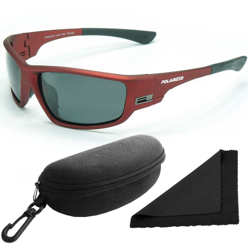 Brýle sluneční Polarized 96 - obroučky červené / skla tmavá / polarizační skla / pouzdro a utěrka