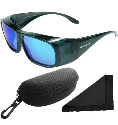 Brýle sluneční Polarized 202 - obroučky černé / skla modrá zrcadlová / polarizační / pouzdro a utěrka / přes dioptrické brýle...