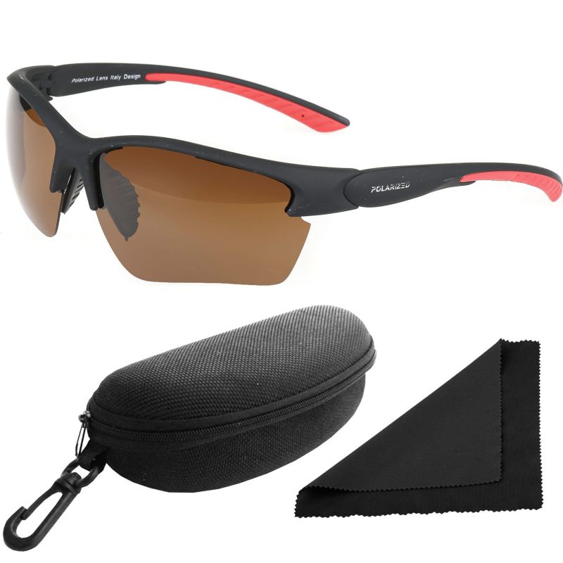 Brýle sluneční Polarized 251 - obroučky červené-černé / skla hnědá / polarizační skla / pouzdro a utěrka