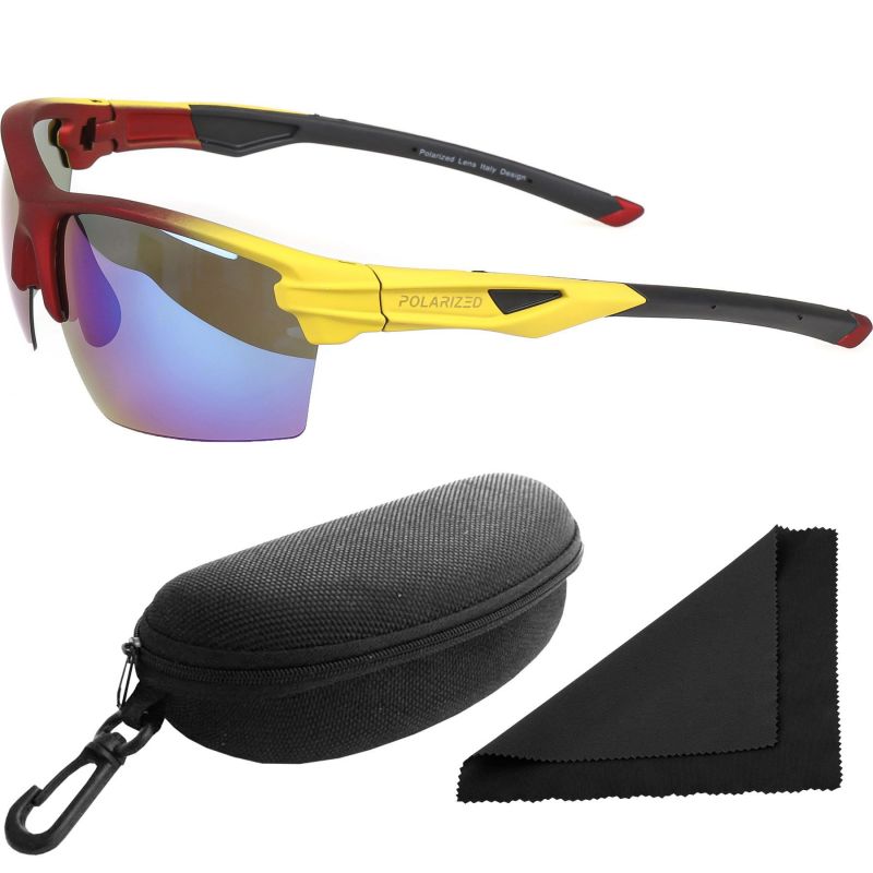 Brýle sluneční Polarized 255 - obroučky červené / skla modrá zrcadlová / polarizační skla / pouzdro a utěrka