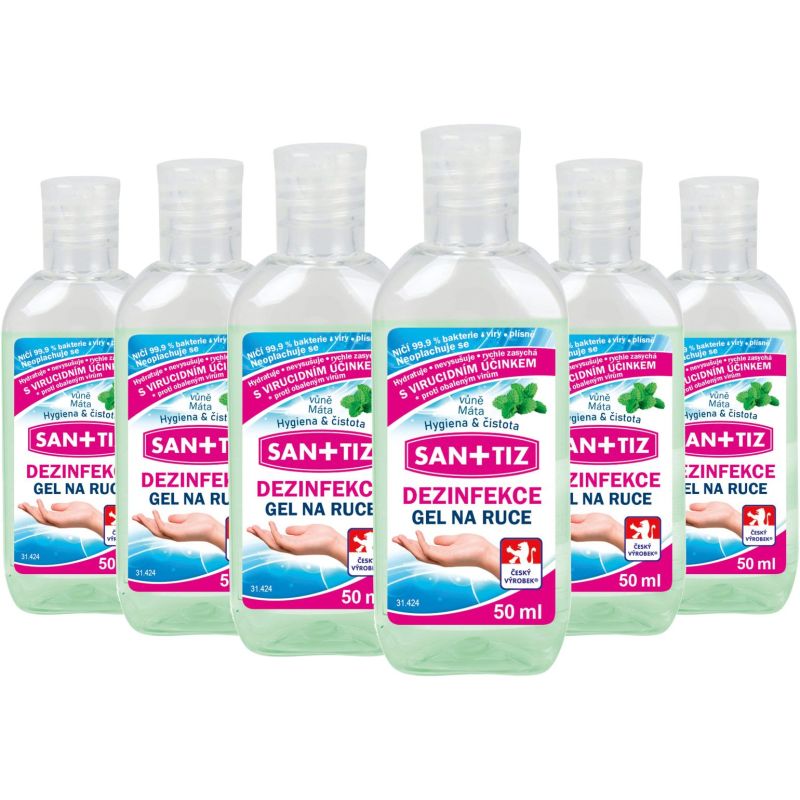 Dezinfekční gel na ruce / dezinfekce Sanitiz 6x 50ml - parfém máta / obsahuje Aloe Vera