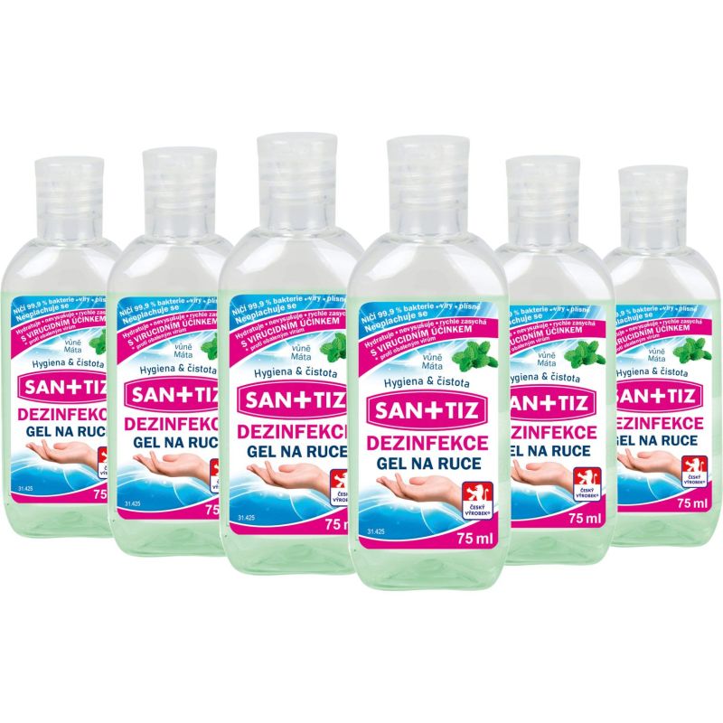 Dezinfekční gel na ruce / dezinfekce Sanitiz 6x 75ml - parfém máta / obsahuje Aloe Vera