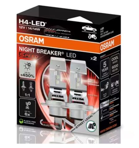 Autožárovky LED diodové Osram Night Breaker Speed 450 H4 12V 14/14W P43t 2ks / schváleno v ČR / EU homologace / čtvrtá genera...